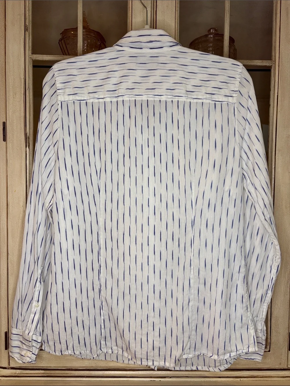 J. Crew 100% Cotton White Button-Down Shirt with Blue Dash Stripe